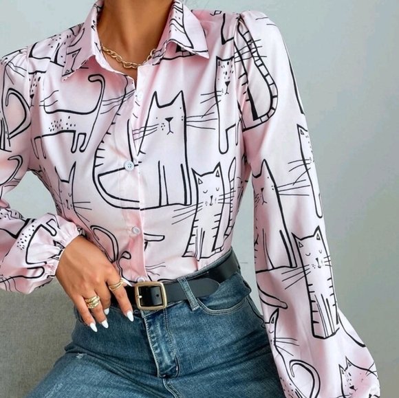 Cat Print Button Front Blouse - Picture 5 of 9
